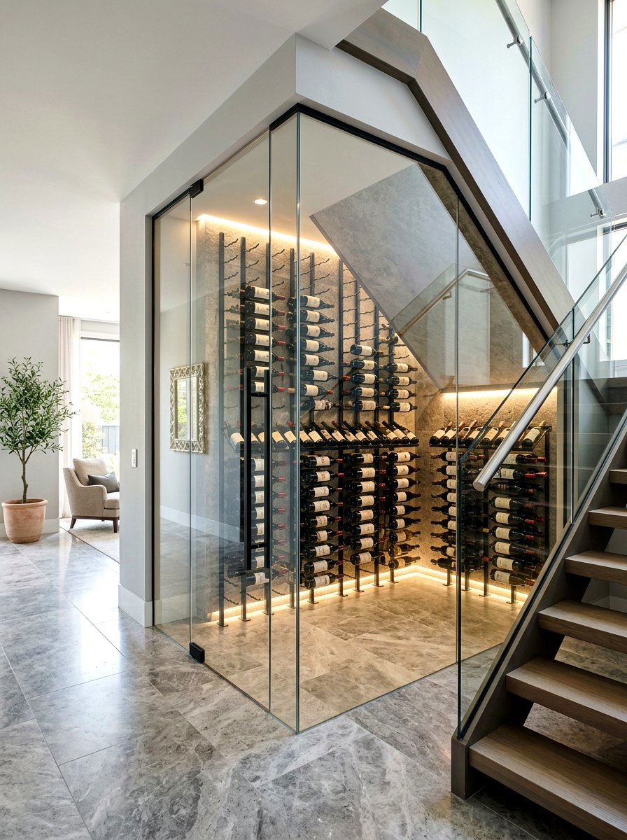 Glass Enclosed Wine Cellar - 30 under stairs wine nook ideas