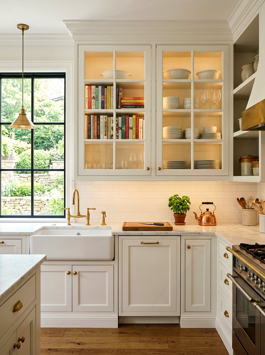 Glass Front Cabinet - 30 kitchen cookbook storage ideas
