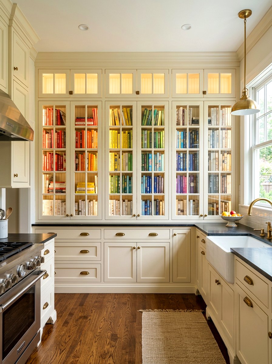 Glass Front Cabinet - 30 cookbook kitchen shelf ideas