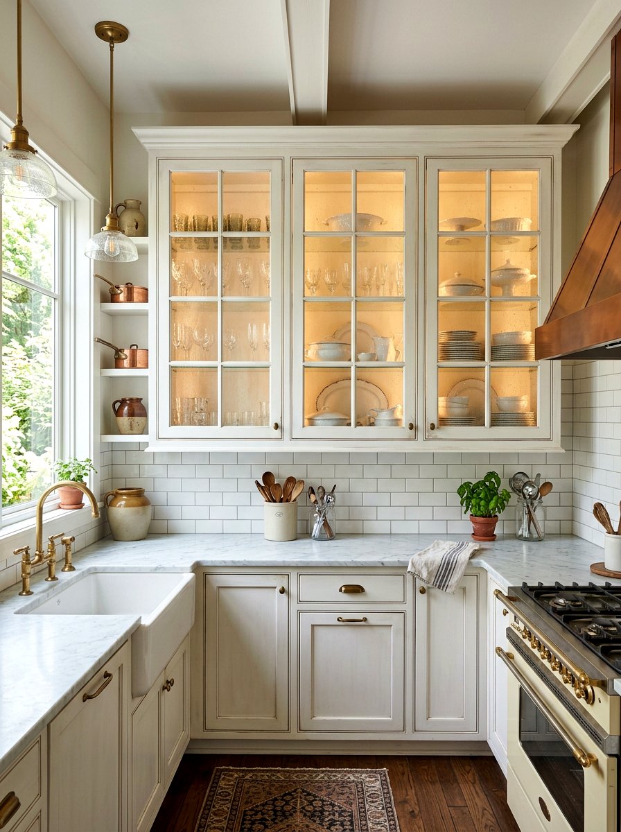 Glass Front Cabinets - 30 vintage farmhouse kitchen ideas