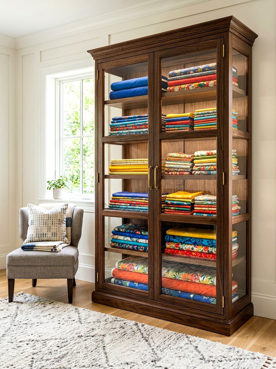 Glass Front Fabric Armoire - 30 quilting room ideas