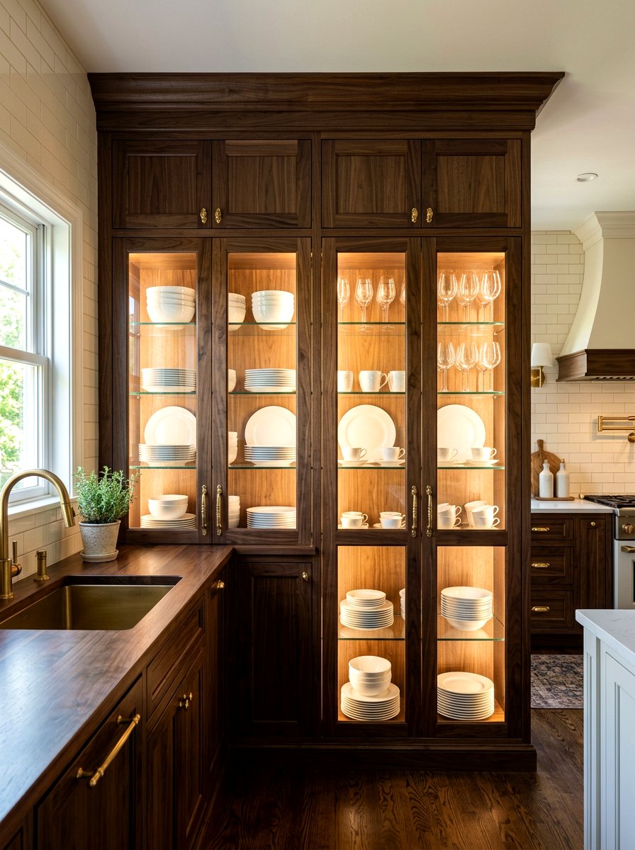 Glass Front Kitchen Cabinet - 30 moody lamp lit kitchen ideas