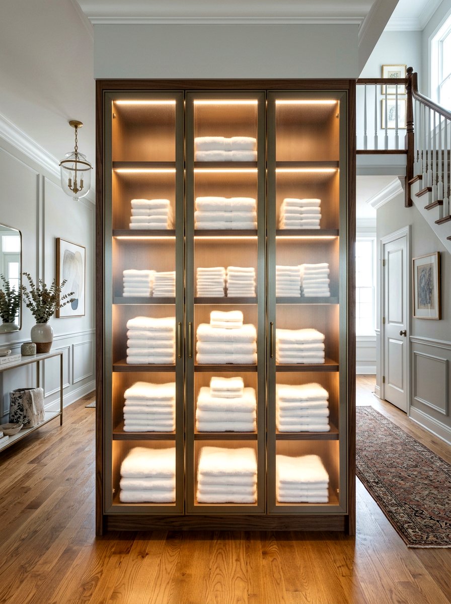 Glass Front Linen Display - 30 hallway linen closet ideas