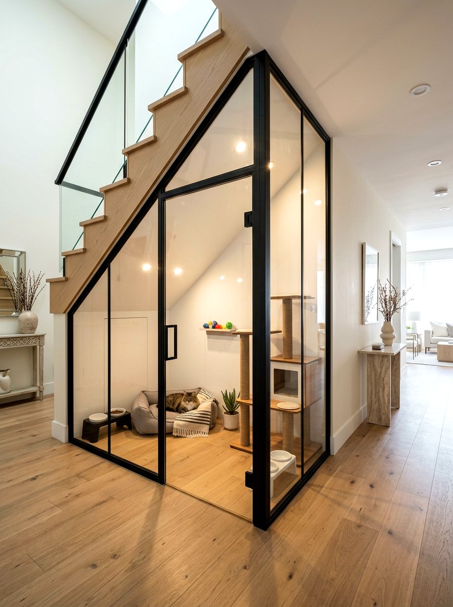 Glass Front Pet Suite - 30 under staircase pet nook ideas