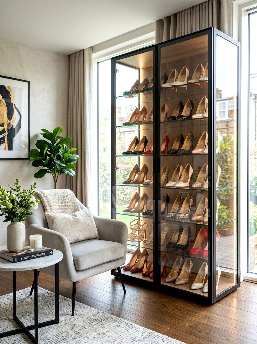 Glass Front Shoe Display - 30 apartment shoe wall ideas