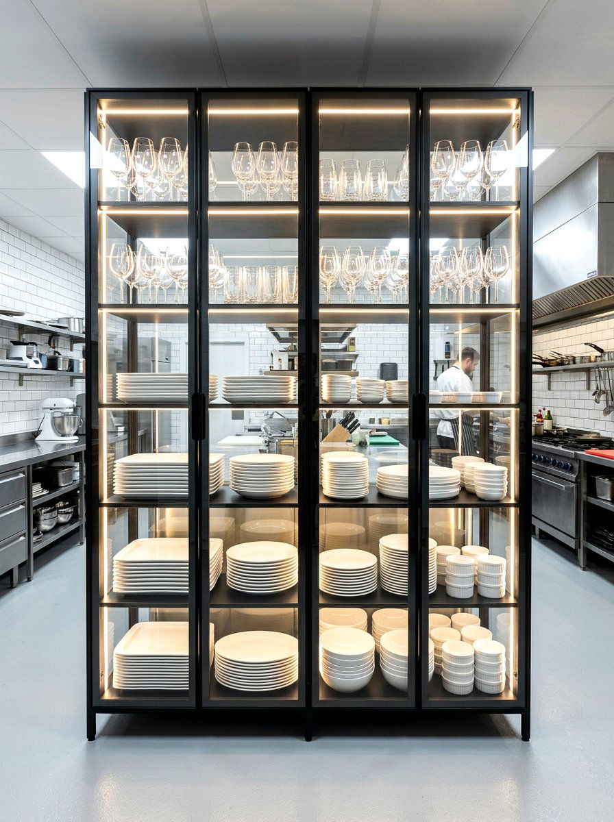 Glass Front Storage Cabinet - 30 catering kitchen ideas