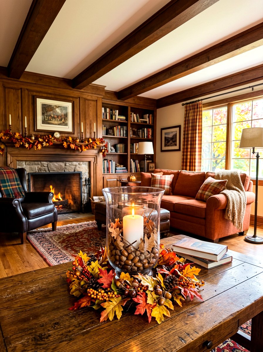Glass Hurricane Acorns - 30 autumn centerpiece bowl ideas