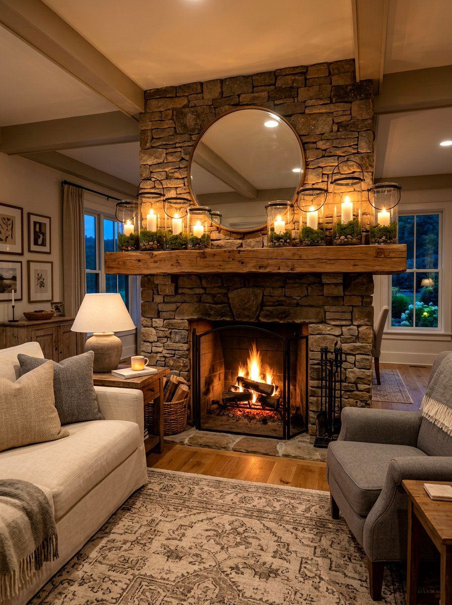 Glass Hurricane Lantern Mantel - 30 spring mantel styling ideas