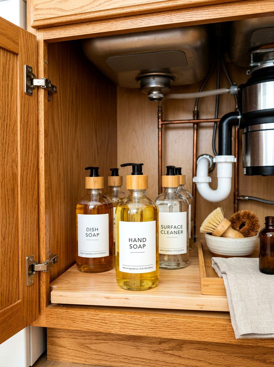 Glass Jar Decanting Theme - 30 under sink kitchen organization ideas