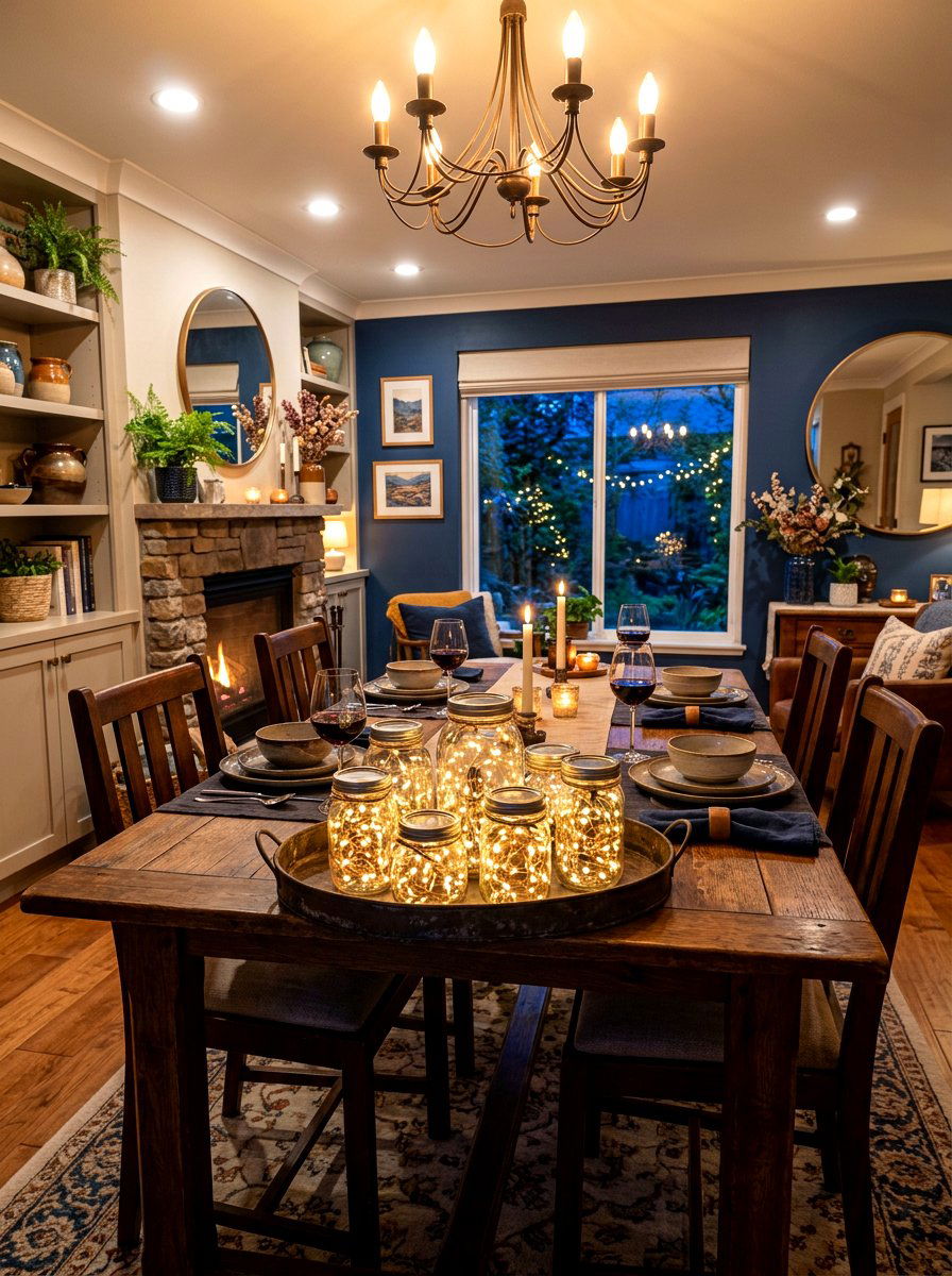Glass Jar Fairy Light Display - 30 rustic table centerpiece ideas