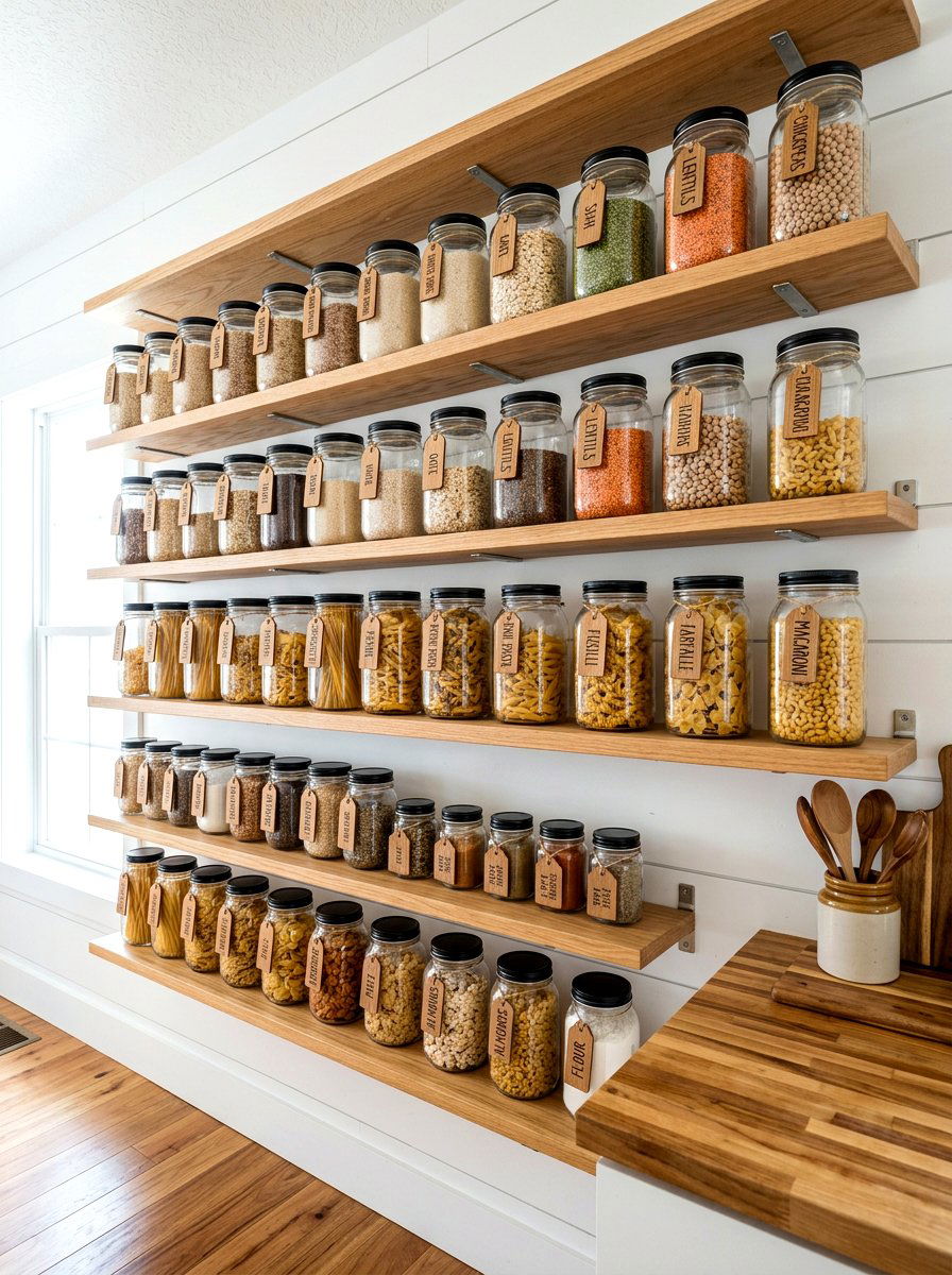 Glass Jar Pantry Organization - 30 cabbagecore kitchen ideas