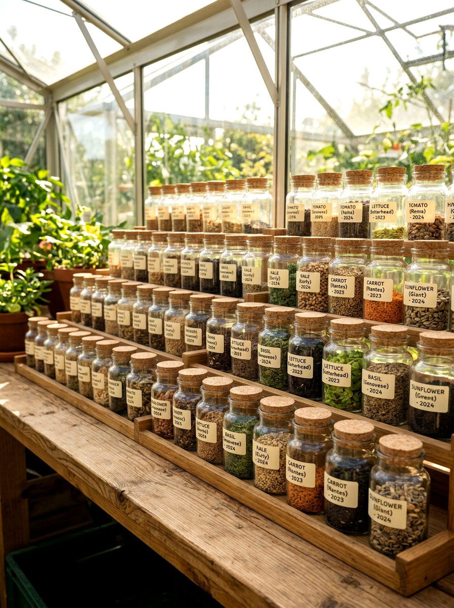Glass Jar Seed Storage - 30 greenhouse potting area ideas