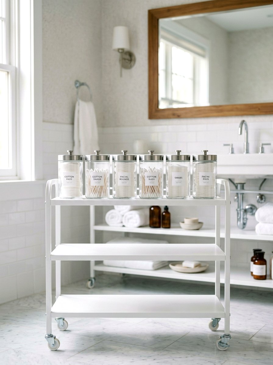 Glass Jars For Cotton Pads And Q tips - 30 beauty cart organization ideas