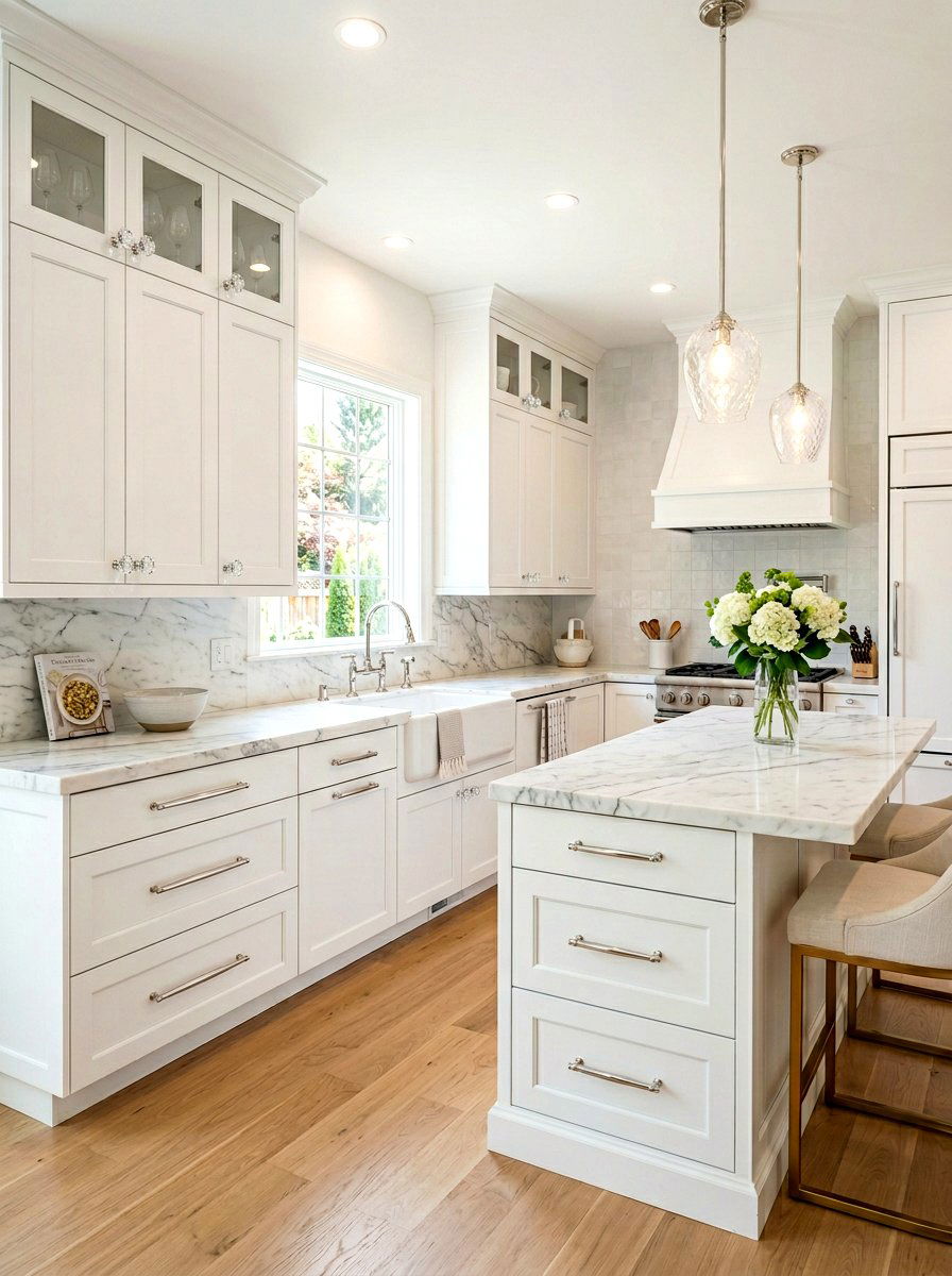 Glass Knobs and Silver Pulls - 30 kitchen hardware mix ideas