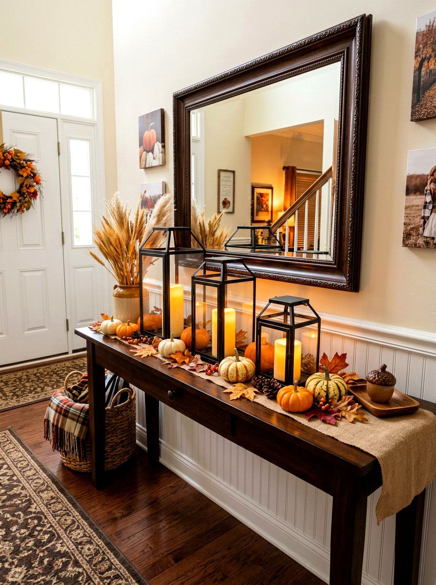 Glass Lantern Fall Entry Table - 30 Thanksgiving entry table ideas