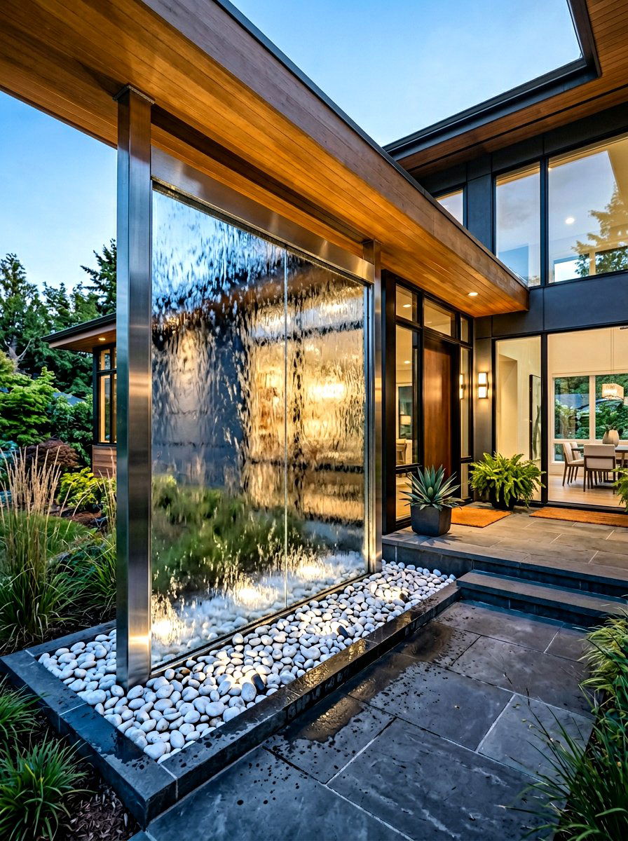 Glass Panel Water Wall - 30 entry fountain landscaping ideas