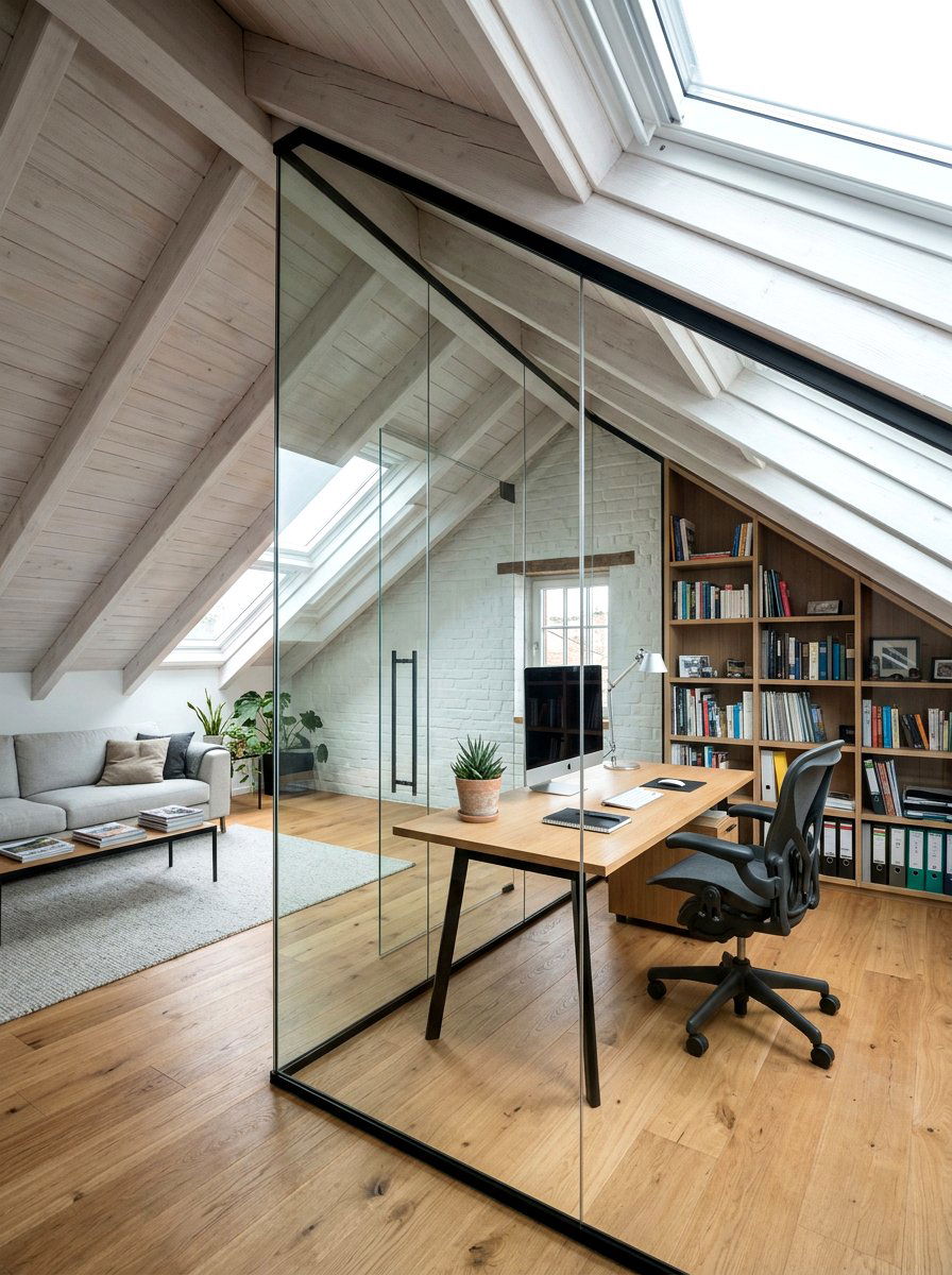 Glass Partition Attic Office - 30 sloped ceiling office ideas