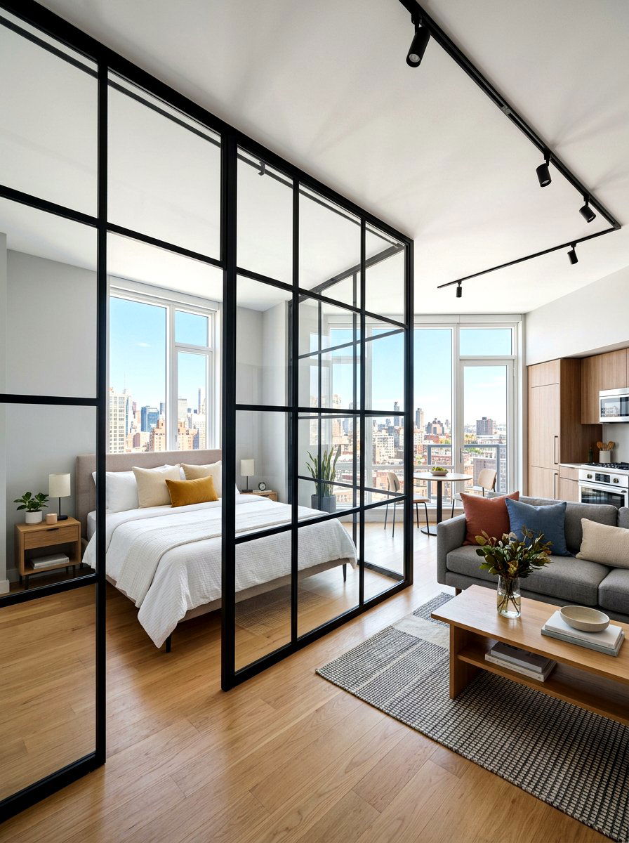 Glass Partition Studio Bed - 30 bed nook studio ideas