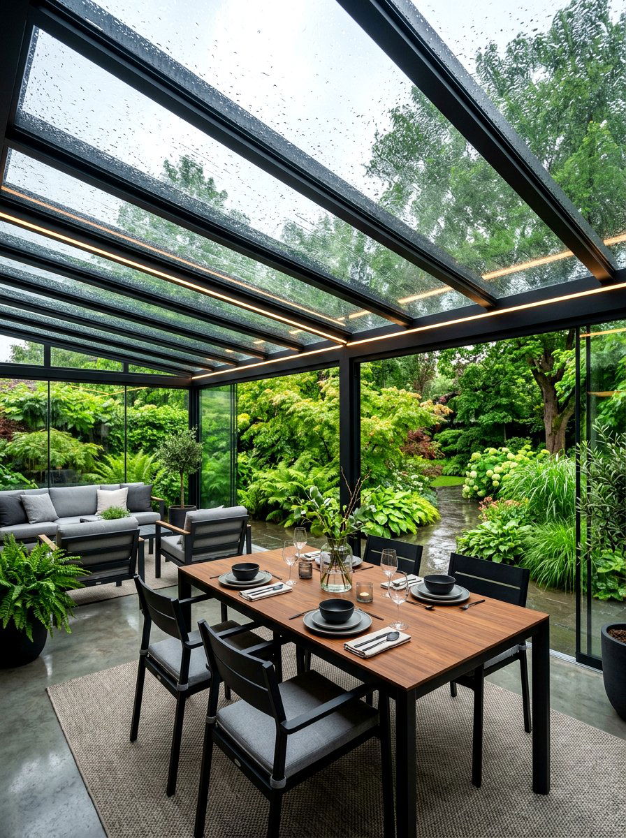 Glass Roof Covered Pergola - 30 backyard dining pergola ideas
