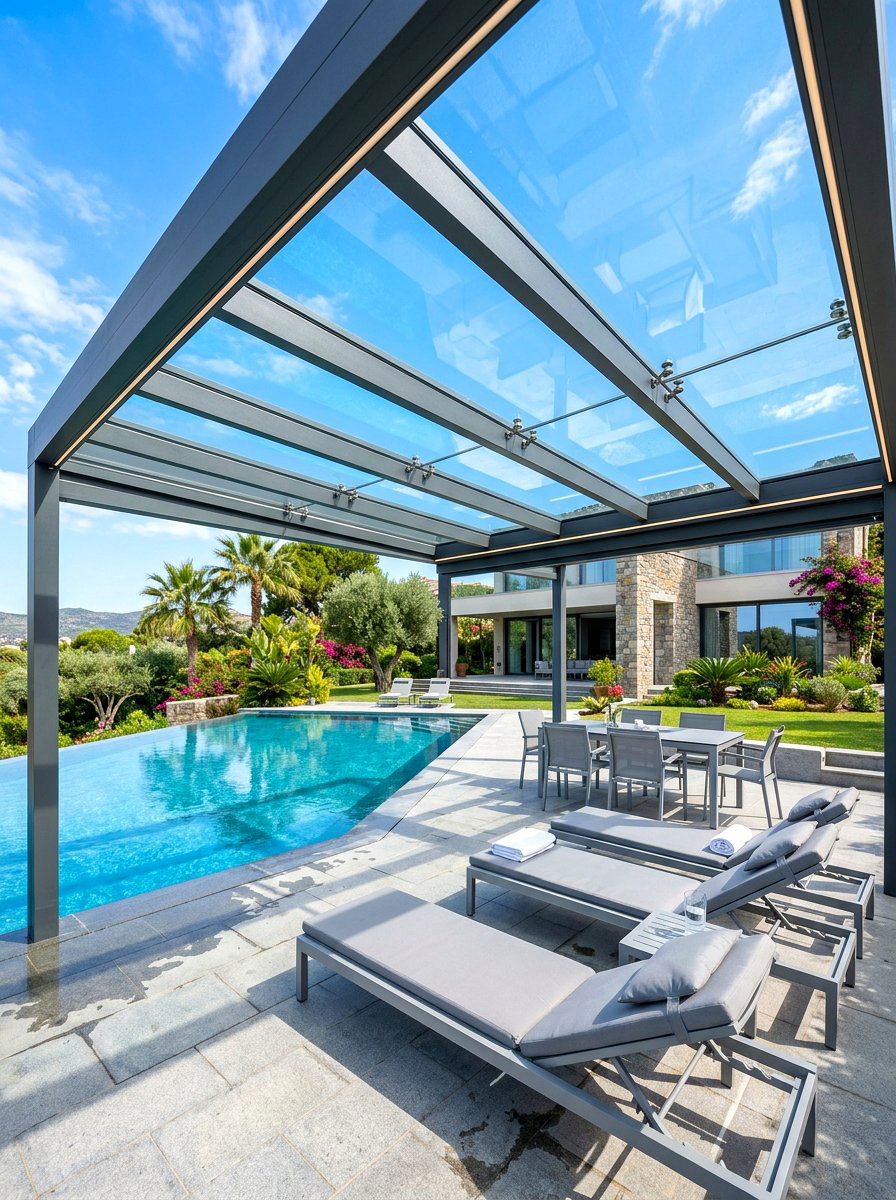 Glass Roof Poolside Pergola - 30 poolside pergola lounge ideas