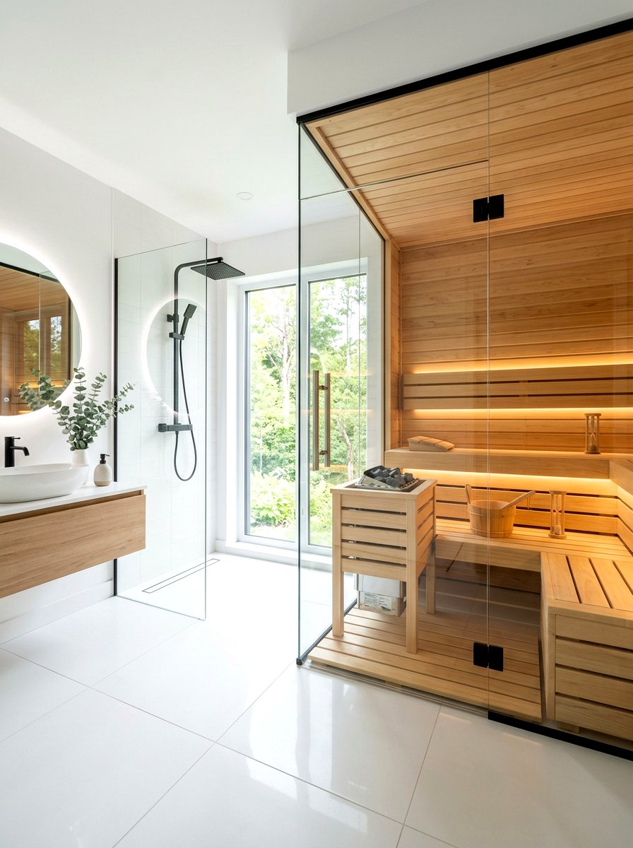 Glass Sauna Wall - 30 sauna bathroom ideas