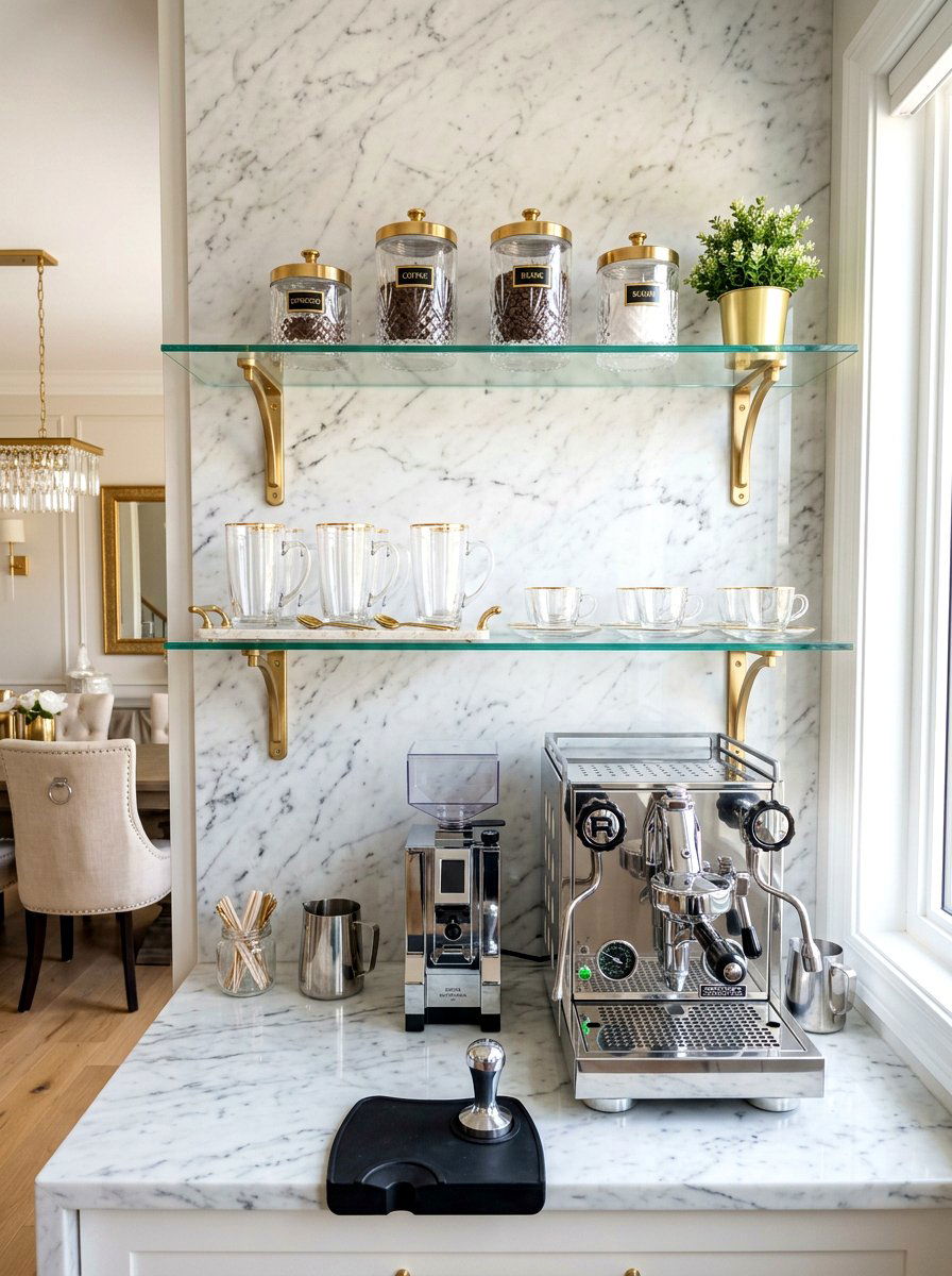 Glass Shelf Coffee Bar - 30 coffee station shelf styling ideas