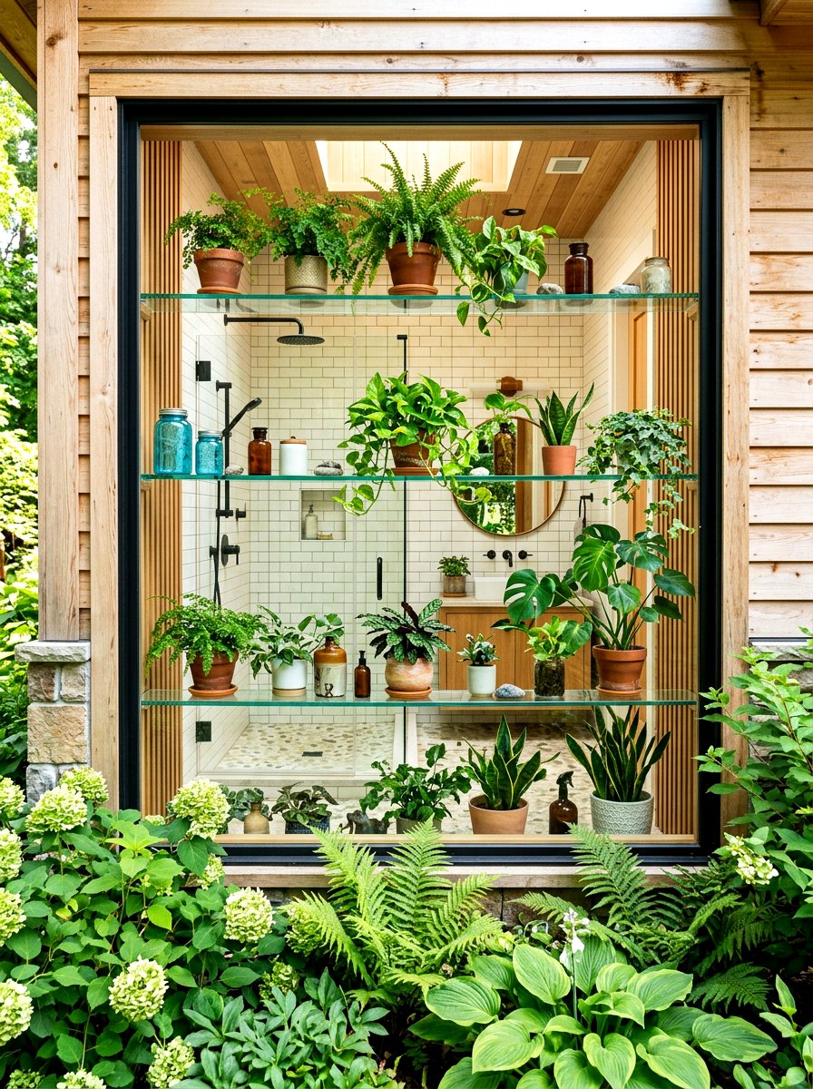Glass Shelves With Greenery - 30 shower window privacy ideas
