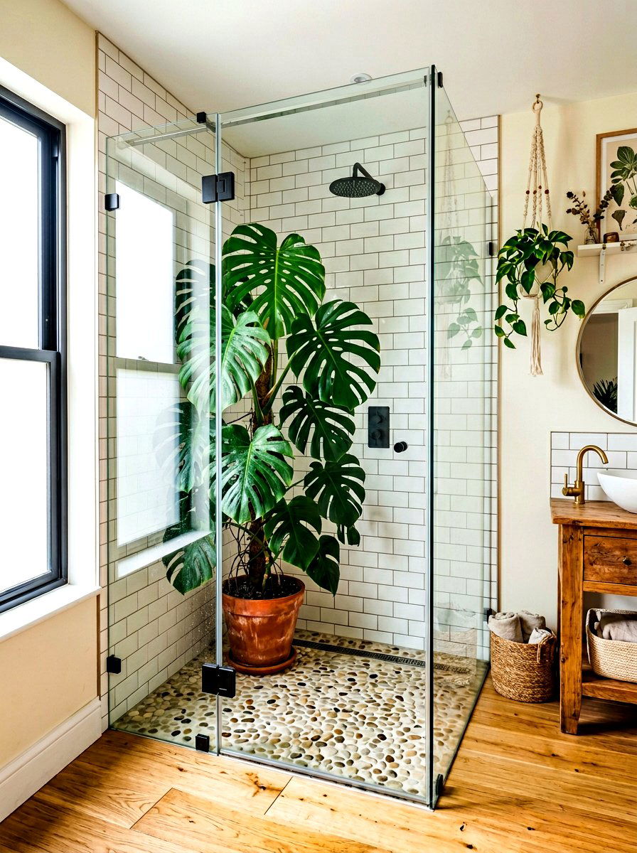 Glass Shower Plant - 30 boho bathroom ideas