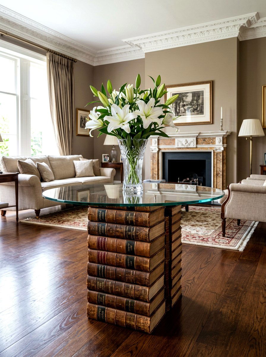 Glass Top Book Pedestal - 30 stacked book table ideas