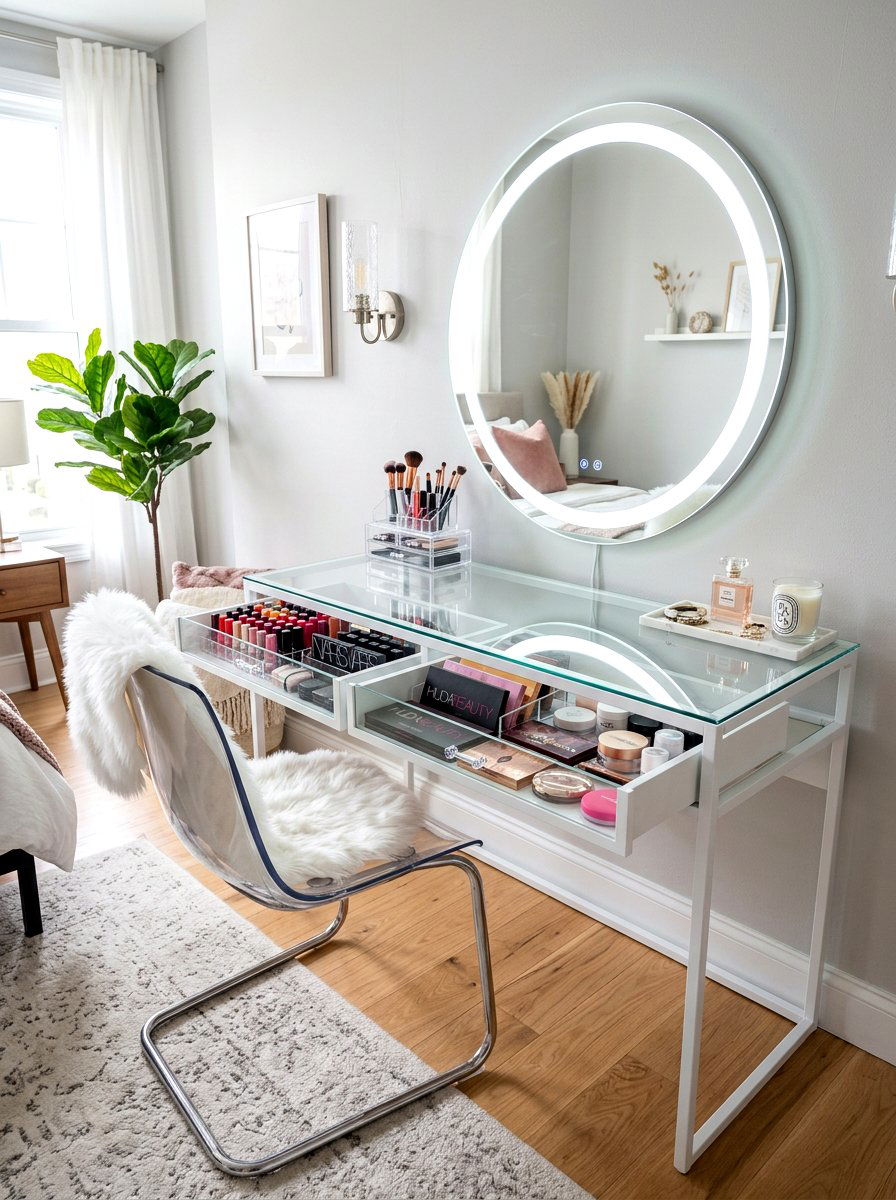 Glass Top Vanity Desk - 30 walk in closet vanity ideas