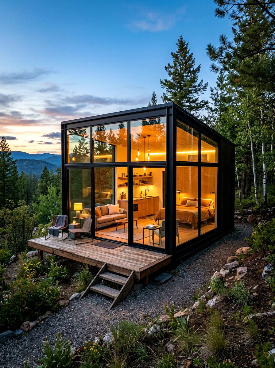 Glass Wall Tiny Cabin - 30 tiny cottage exterior ideas