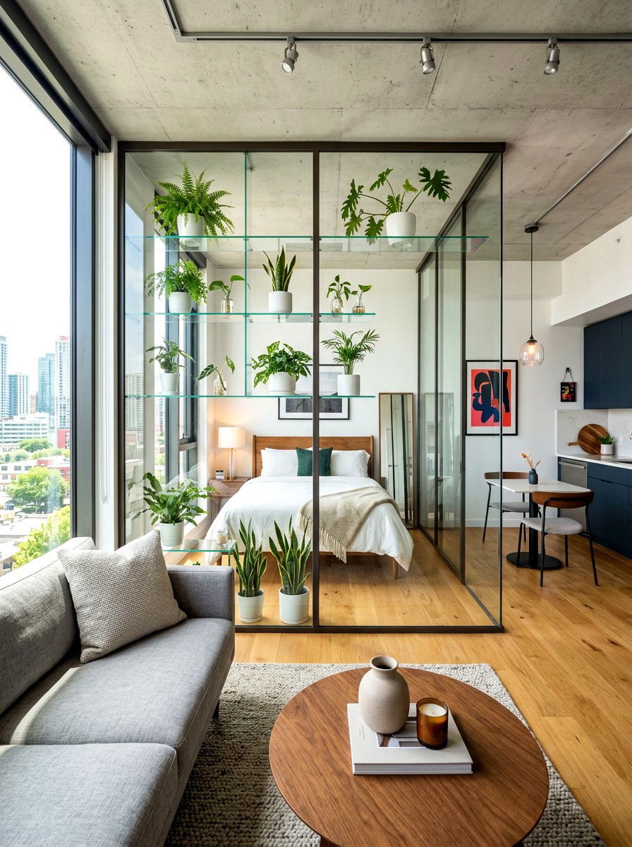 Glass Wall Unit - 30 apartment plant shelf ideas
