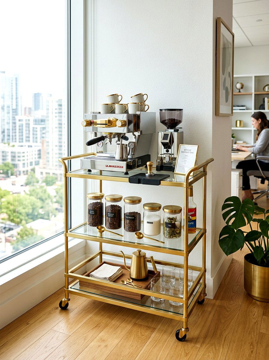 Glass and gold coffee station - 30 office coffee corner ideas