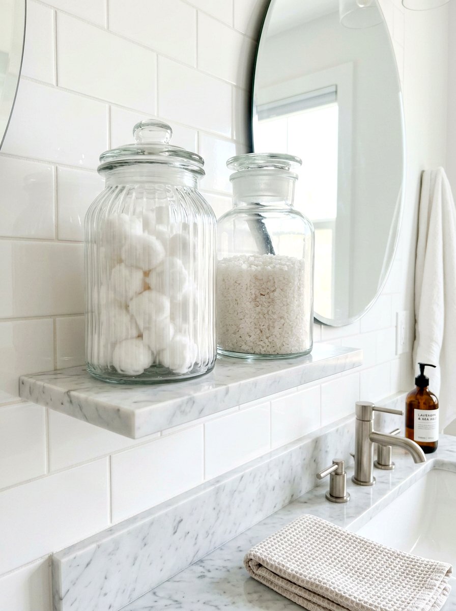 Glass apothecary jars - 30 spa shelf styling bathroom ideas