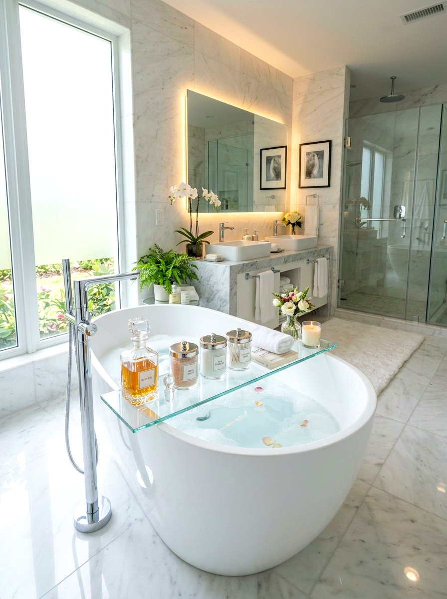 Glass bathtub tray - 30 tub tray styling ideas