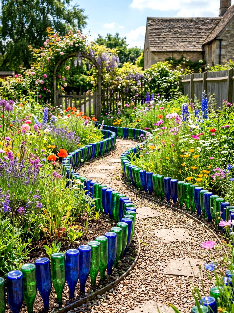 Glass bottle border - 30 garden edging ideas