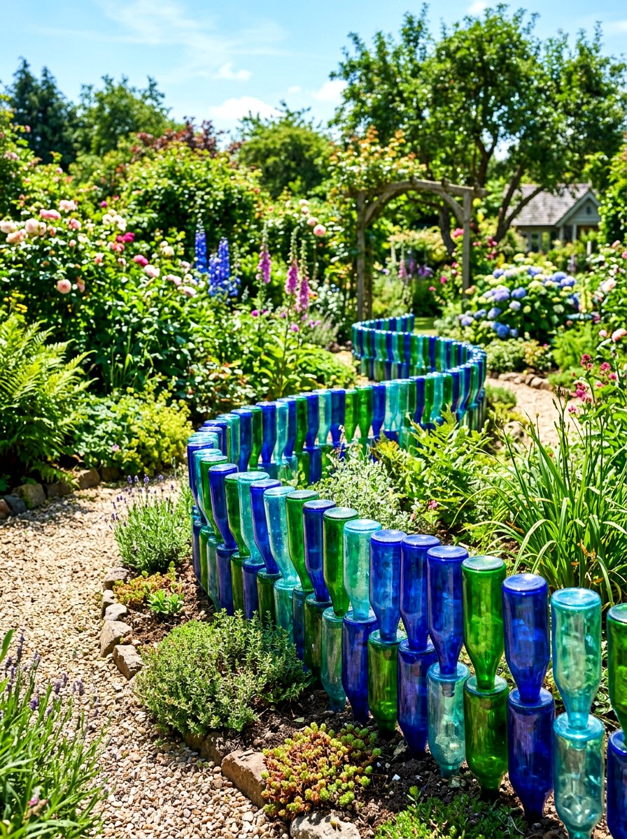 Glass bottle garden fence - 30 vegetable garden fence ideas