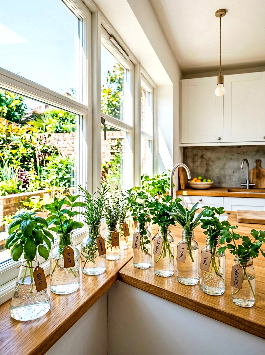 Glass bottle herb garden - 30 windowsill herb garden ideas