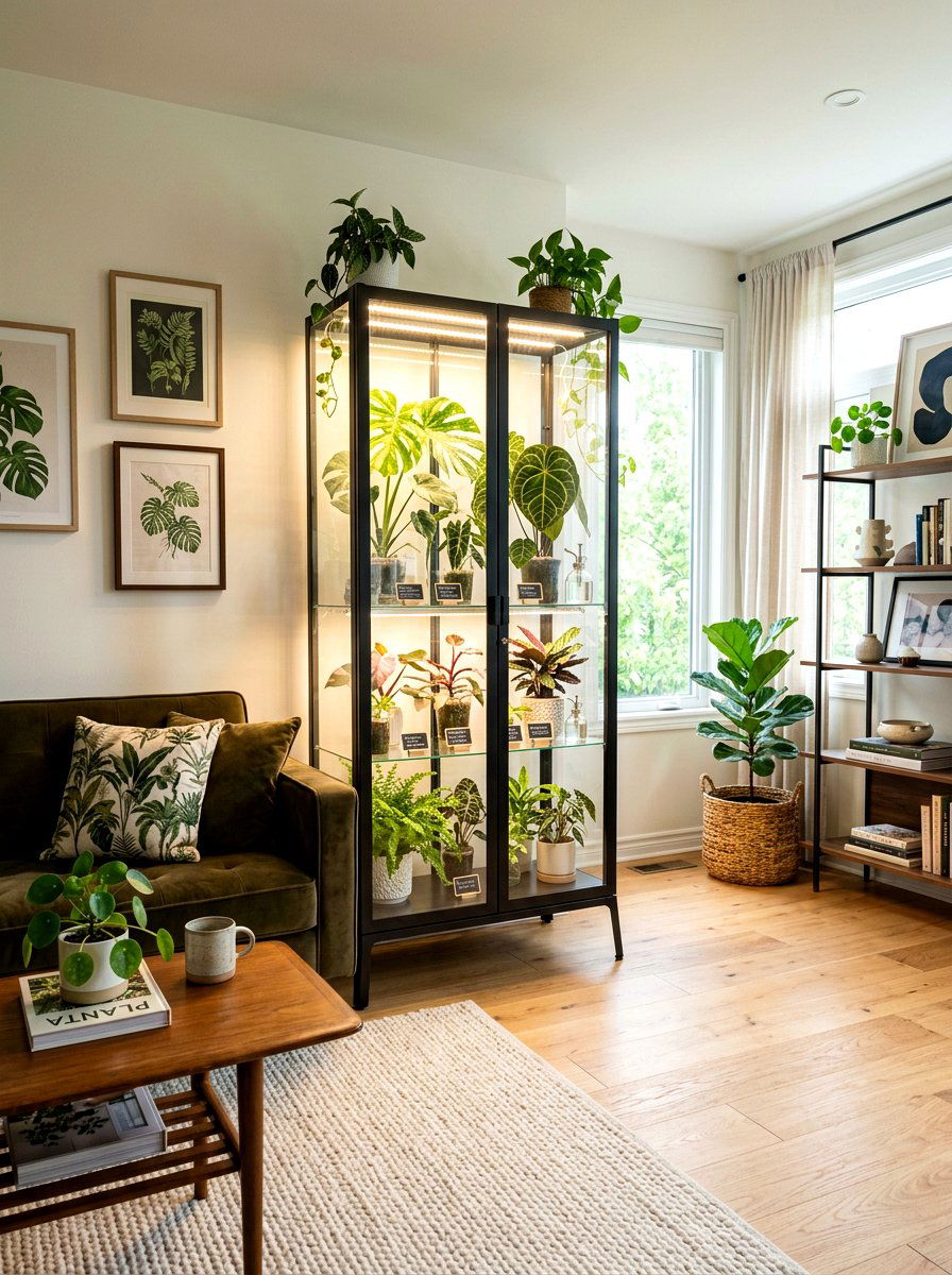 Glass cabinet greenhouse - 30 indoor plant decor ideas