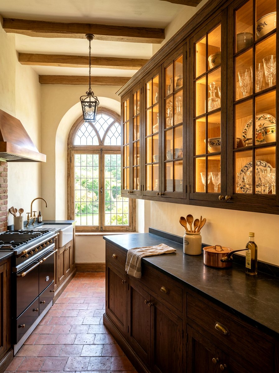 Glass cabinet kitchen - 30 rustic European kitchen ideas