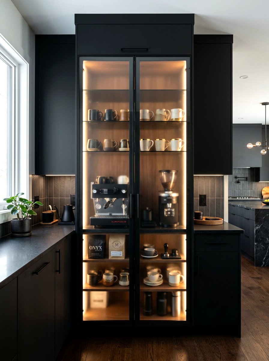 Glass cabinet with frosted doors - 30 hidden coffee pantry ideas
