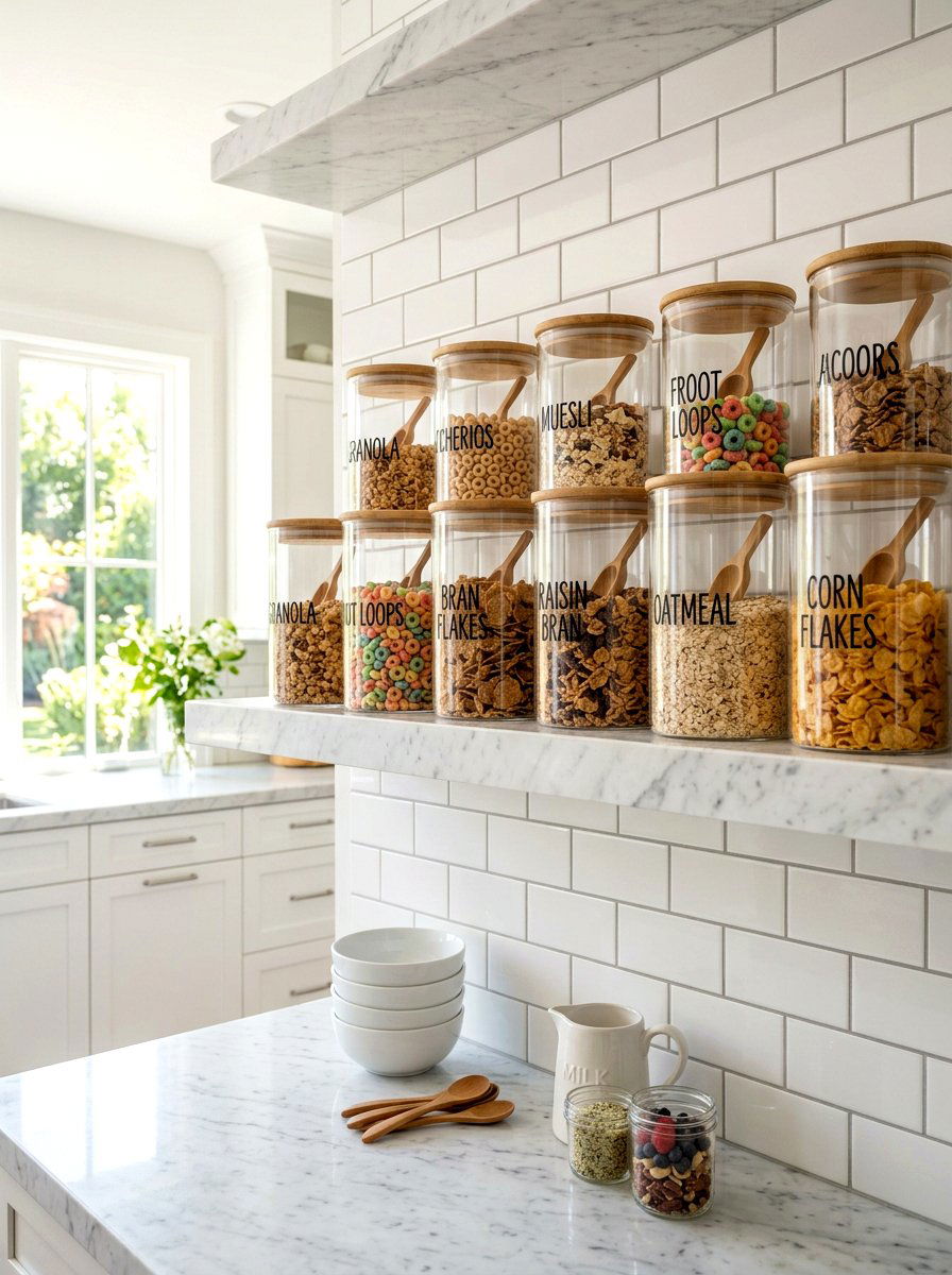 Glass cereal jars pantry - 30 cereal station pantry ideas