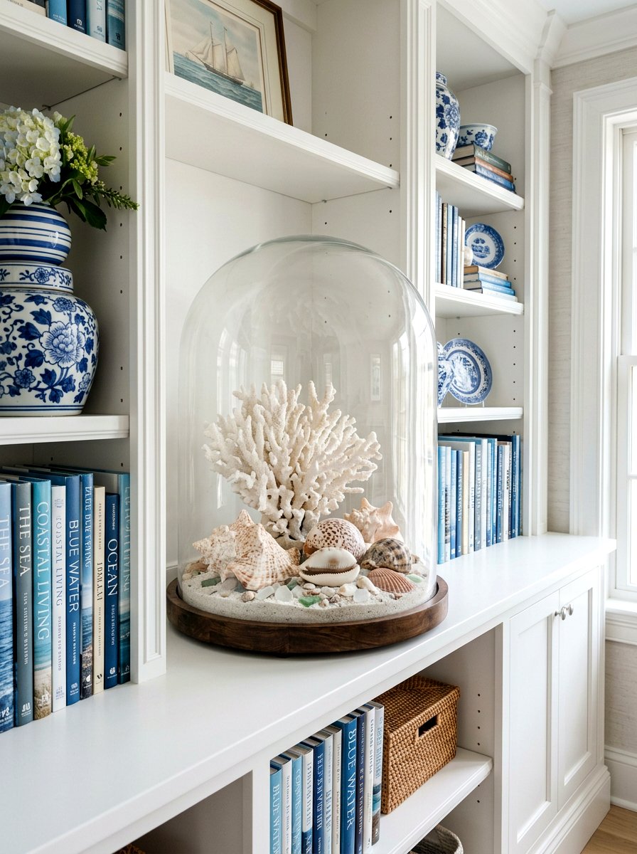 Glass cloche coastal shelf - 30 coastal grandmother decor ideas