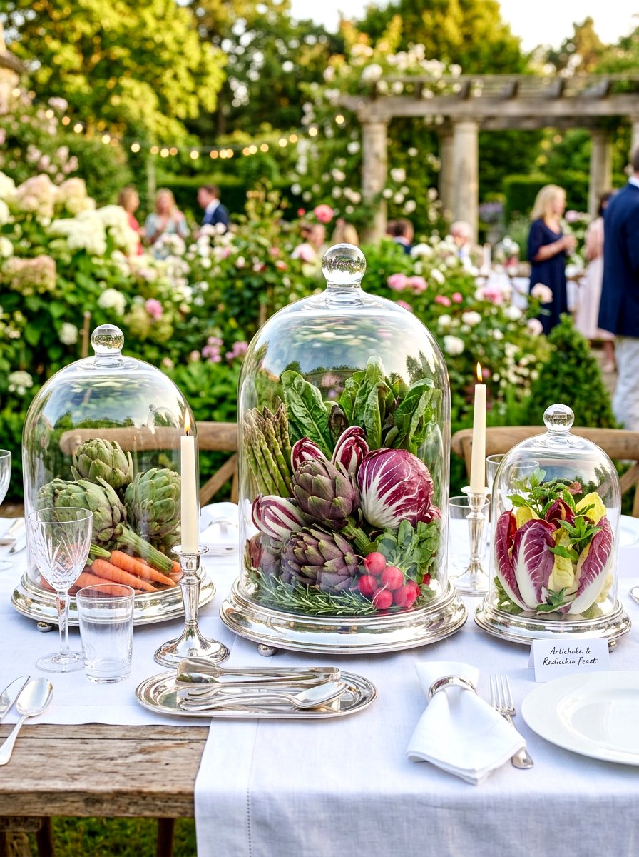 Glass cloche vegetable table display - 30 garden salad tablescape ideas