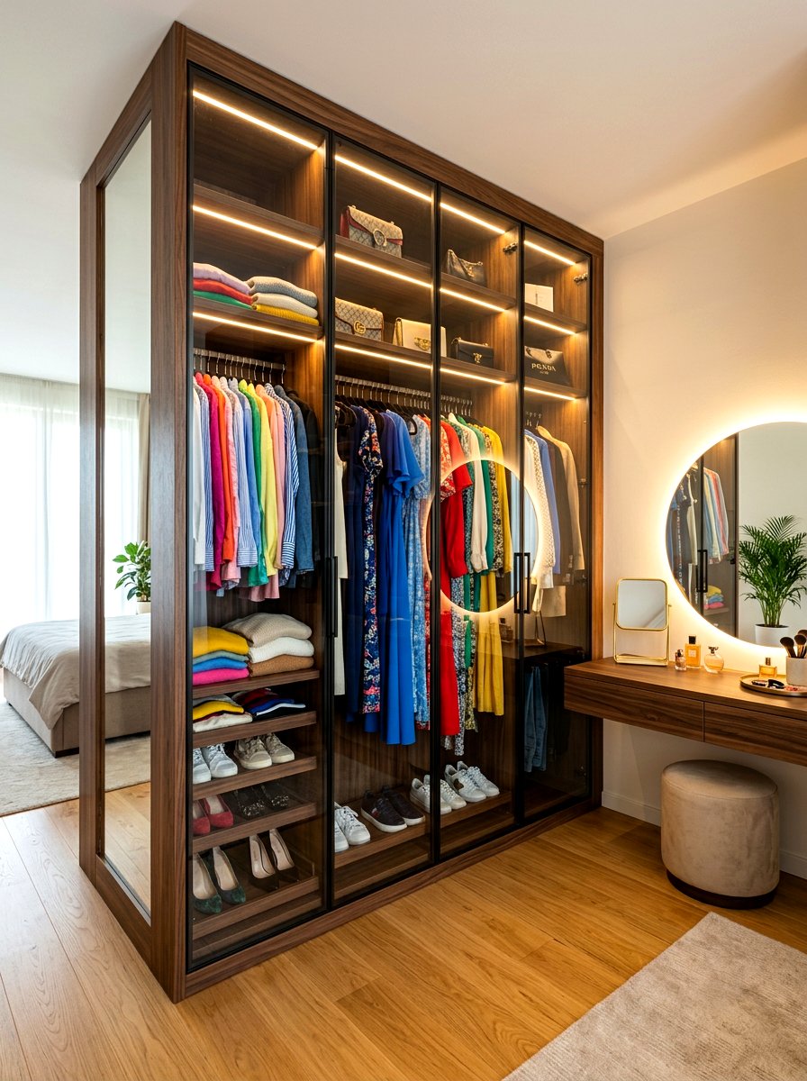 Glass closet with LED lighting - 30 glass front closet ideas