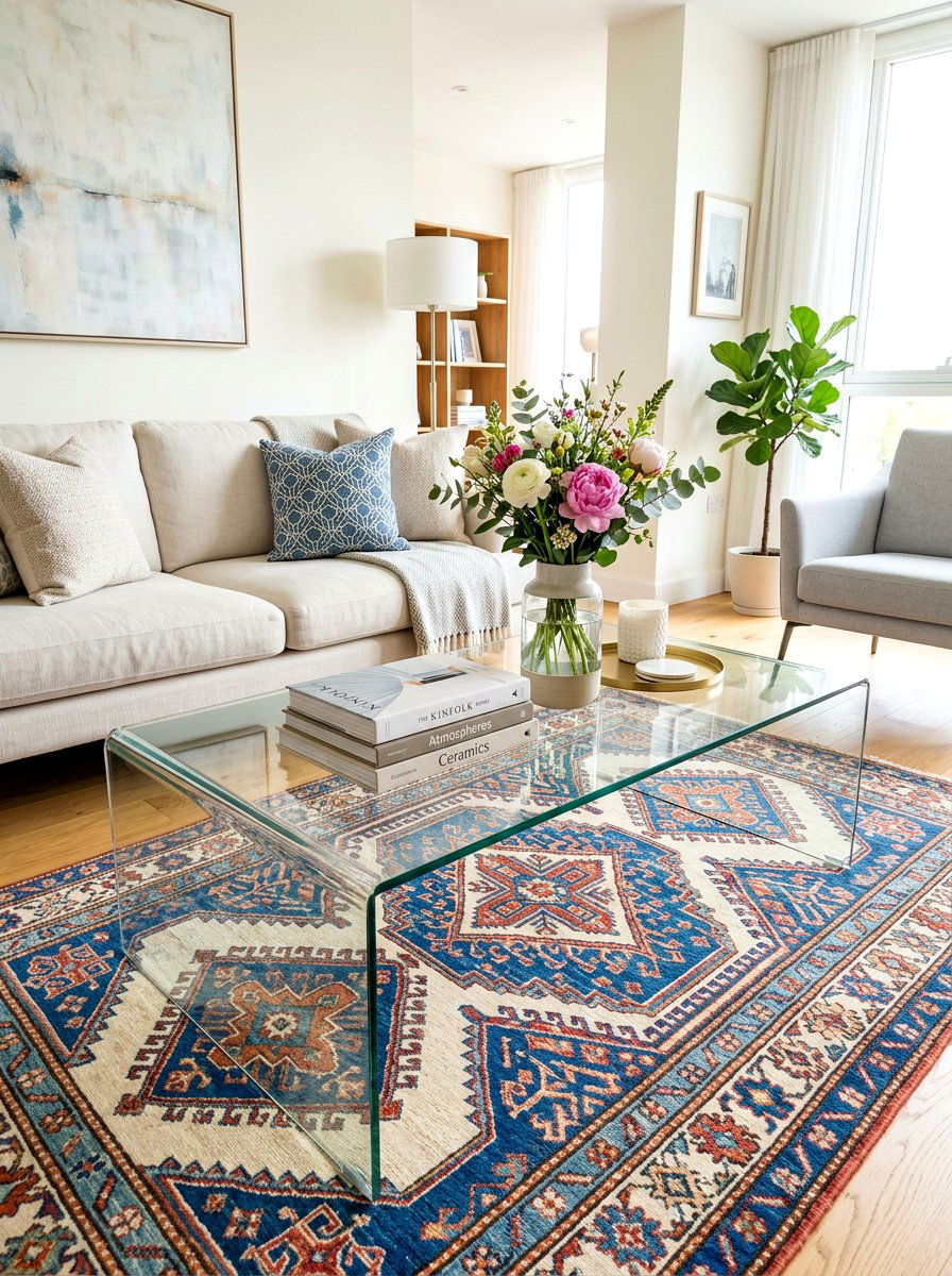 Glass coffee table decor - 30 soft spring living room ideas
