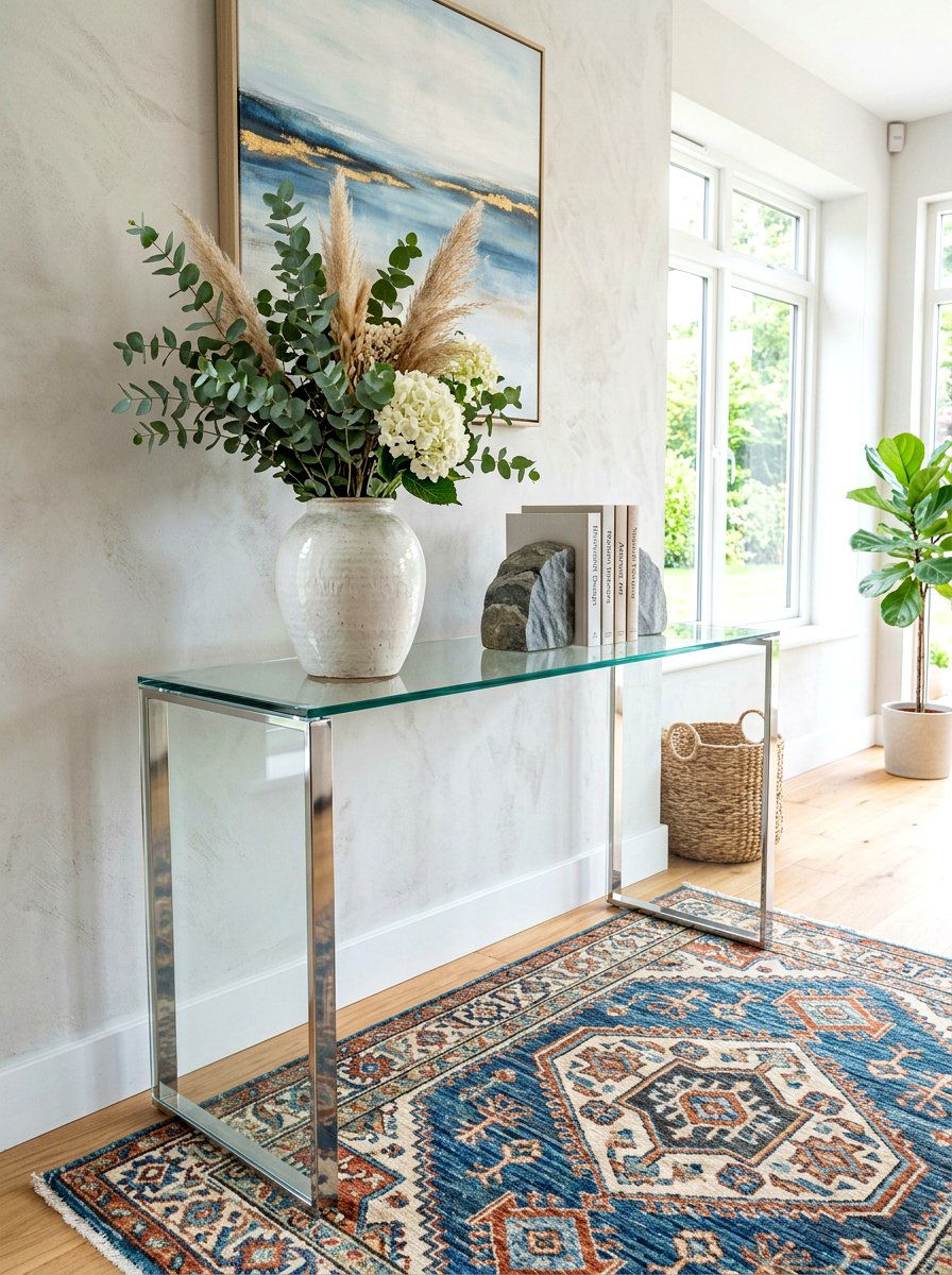 Glass console table decor - 30 hallway console styling ideas