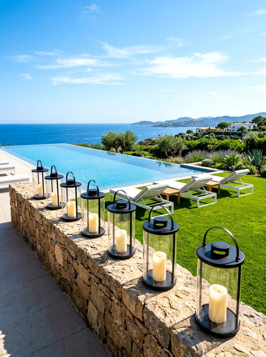 Glass cylinder lanterns on stone wall - 30 candle lantern patio styling ideas
