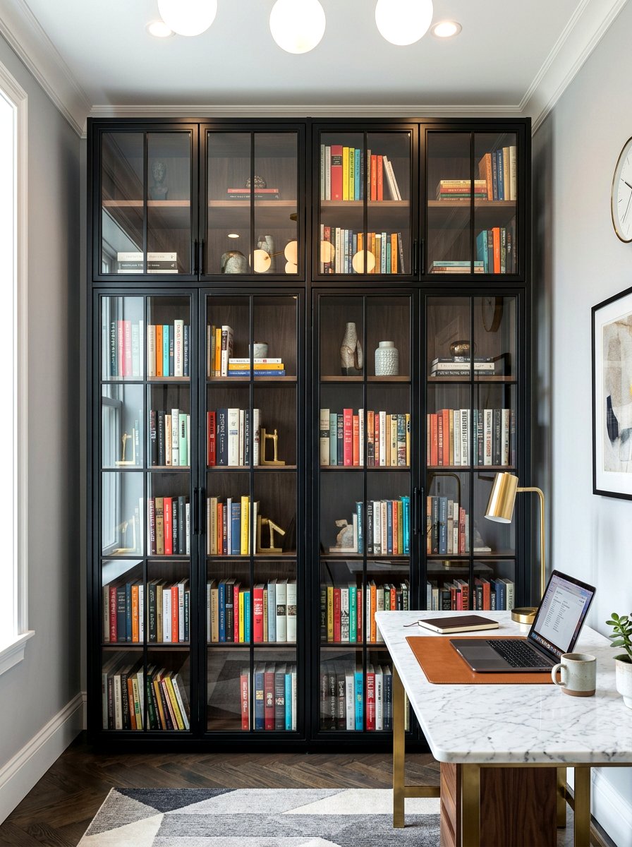 Glass door bookshelf cabinet - 30 book lover office ideas