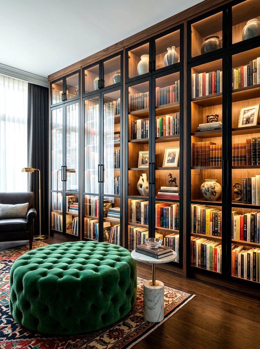Glass door bookshelf - 30 home library ideas
